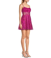 Blondie Nites Glitter Scoop Neck Illusion Corset Bodice Dress