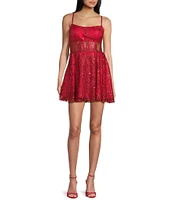 Blondie Nites Glitter Scoop Neck Illusion Corset Bodice Dress