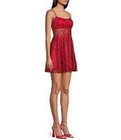 Blondie Nites Glitter Scoop Neck Illusion Corset Bodice Dress