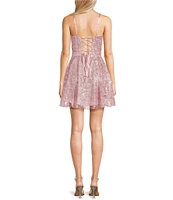 Blondie Nites Glitter Scoop Neck Lace-Up Tie Back Fit-And-Flare Dress