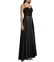 Blondie Nites Illusion Lace Mesh Bodice Lace-Up Back Long Dress