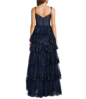 Blondie Nites Sequin Lace Sweetheart Neckline Ruffle Tiered Ball Gown