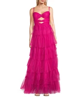Blondie Nites Mesh Bow Cutout Sweetheart Neck Tie Back Tiered Ball Gown