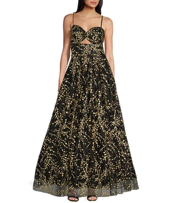 Blondie Nites Mesh Glitter Floral Sweetheart Neck Sleeveless Long Dress