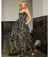 Blondie Nites Mesh Glitter Floral Sweetheart Neck Sleeveless Long Dress