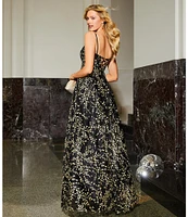 Blondie Nites Mesh Glitter Floral Sweetheart Neck Sleeveless Long Dress