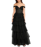 Blondie Nites Mesh Off-The-Shoulder Corset Tie Back Ruffle A-Line Gown