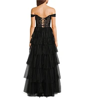 Blondie Nites Mesh Off-The-Shoulder Corset Tie Back Ruffle A-Line Gown