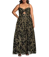 Blondie Nites Plus Caviar Glitter Patterned Sweetheart Neck Spaghetti Strap Twist Ballgown