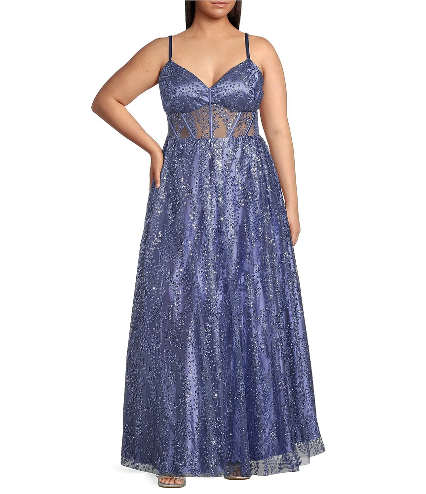 Blondie Nites Plus Size Glitter Pattern V-Neck Spaghetti Strap Mesh Corset Tie Back Ballgown