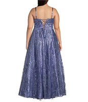 Blondie Nites Plus Size Glitter Pattern V-Neck Spaghetti Strap Mesh Corset Tie Back Ballgown
