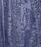 Blondie Nites Plus Size Glitter Pattern V-Neck Spaghetti Strap Mesh Corset Tie Back Ballgown