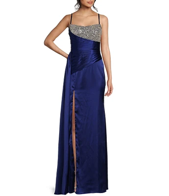 Blondie Nites Sateen Embellished Side Sash Front Slit Gown