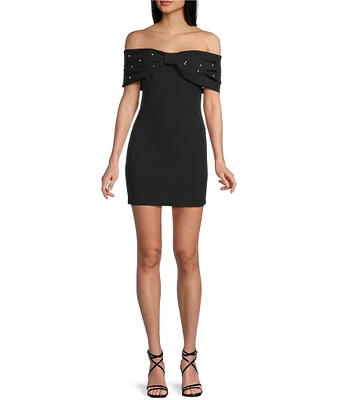 Blondie Nites Scuba Off-The-Shoulder Pearl Bow Dress