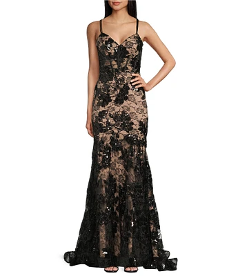 Blondie Nites Sequin Floral Lace Corset Trumpet Dress