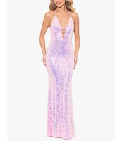 Blondie Nites Sequin Halter Neck Bar Front Open Back Long Dress