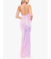 Blondie Nites Sequin Halter Neck Bar Front Open Back Long Dress