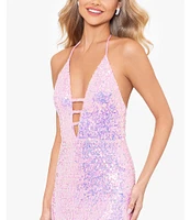 Blondie Nites Sequin Halter Neck Bar Front Open Back Long Dress