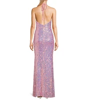 Blondie Nites Sequin Halter Neck Bar Front Open Back Long Dress