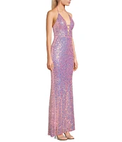 Blondie Nites Sequin Halter Neck Bar Front Open Back Long Dress