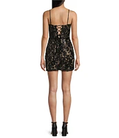 Blondie Nites Sequin Lace V-Neck Spaghetti Strap Corset Tie Back Dress