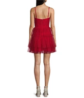 Blondie Nites Spaghetti Strap Sleeveless Cutout Mesh Ruffled Party Dress