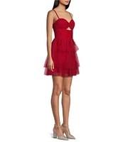 Blondie Nites Spaghetti Strap Sleeveless Cutout Mesh Ruffled Party Dress