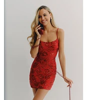 Blondie Nites Spaghetti Strap Sleeveless Sequin Floral Dress