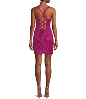 Blondie Nites Spaghetti Strap Sweetheart Lace-Up Back Shine Wrap Dress