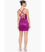 Blondie Nites Spaghetti Strap Sweetheart Lace-Up Back Shine Wrap Dress