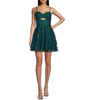 Blondie Nites Spaghetti Strap Sweetheart Neck Sequin Glitter Pattern Keyhole Dress