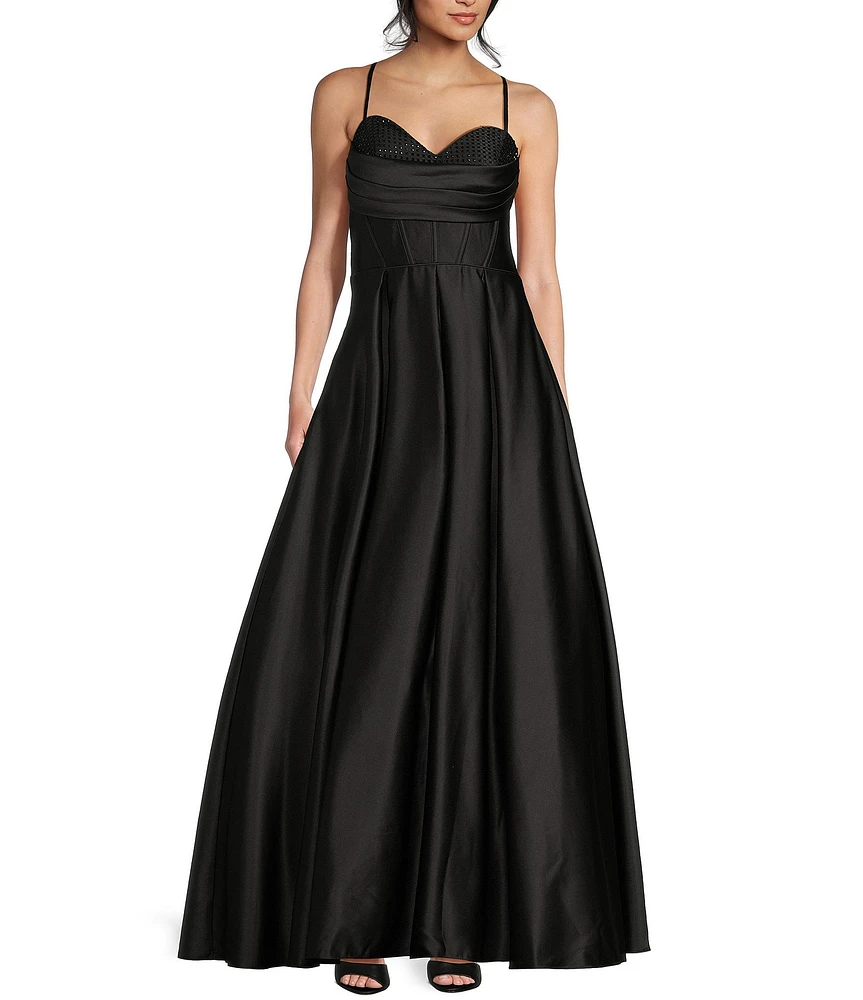 Blondie Nites Stone Sweetheart Drape Neck Tie Back A-Line Ball Gown