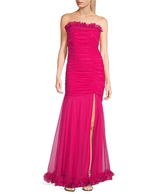 Blondie Nites Strapless Mesh Ruched Ruffle Trim Mermaid Gown