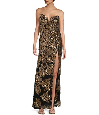 Blondie Nites Strapless Pattern Sequin Side Slit Long Dress