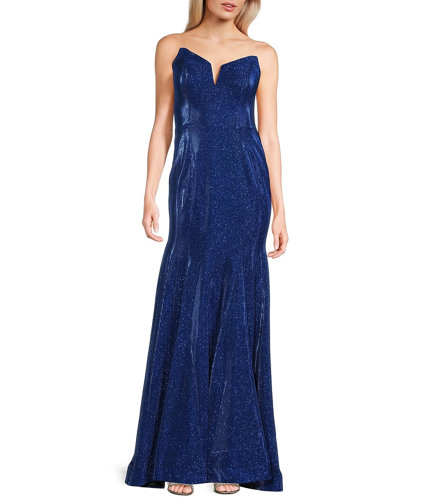 Blondie Nites Strapless V-Neck Metallic Glitter Mermaid Gown