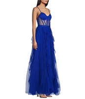 Blondie Nites Sweetheart Neckline Spaghetti Strap Corset Long Mesh Ruffled Ball Gown