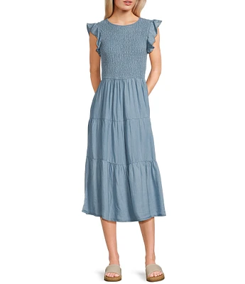 Blu Pepper Chambray Smocked Ruffle Sleeve Tiered Midi Dress