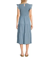 Blu Pepper Chambray Smocked Ruffle Sleeve Tiered Midi Dress