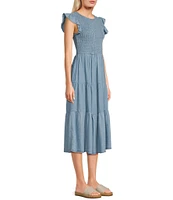 Blu Pepper Chambray Smocked Ruffle Sleeve Tiered Midi Dress