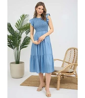Blu Pepper Chambray Smocked Ruffle Sleeve Tiered Midi Dress