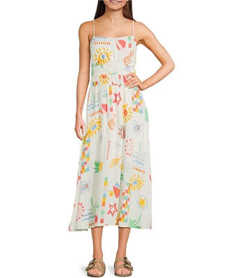 Blu Pepper Conversational Print Square Neck Midi Dress
