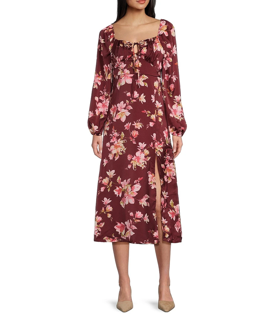 Blu Pepper Floral Long Sleeve Split Thigh Midi Dress