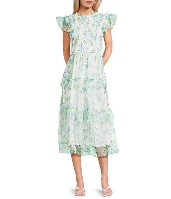 Blu Pepper Floral Print Mesh Round Neck Short Sleeve Smocked Midi Dress