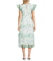 Blu Pepper Floral Print Mesh Round Neck Short Sleeve Smocked Midi Dress