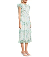 Blu Pepper Floral Print Mesh Round Neck Short Sleeve Smocked Midi Dress