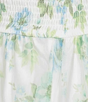 Blu Pepper Floral Print Mesh Round Neck Short Sleeve Smocked Midi Dress