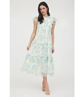 Blu Pepper Floral Print Mesh Round Neck Short Sleeve Smocked Midi Dress