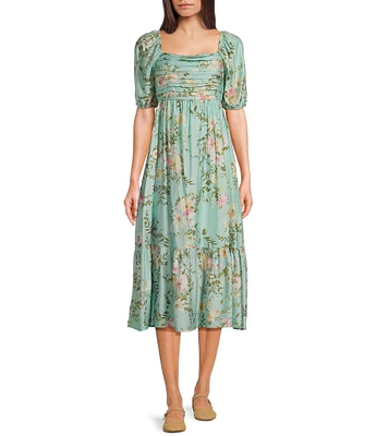 Blu Pepper Floral Print Square Neck Short Sleeve Midi Dress
