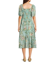 Blu Pepper Floral Print Square Neck Short Sleeve Midi Dress