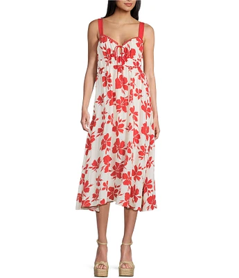 Blu Pepper Floral Print Sweetheart Neck Lace Detail Midi Dress